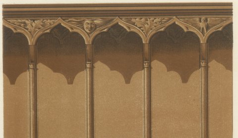 Choir Stalls of Saint Benoît sur Loire, Antique Print, 1851, close-up 1