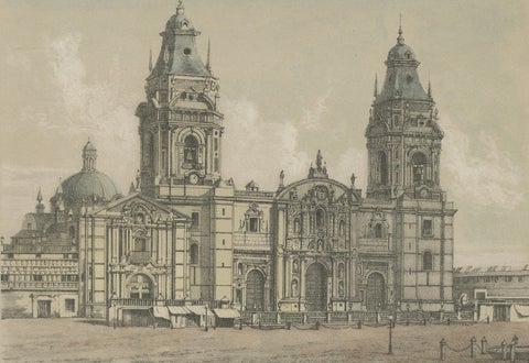 Hand-colored lithograph views of the Cathedral and La Merced Church, Lima, 1865, close-up 1