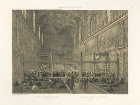Sistine Chapel Interior, Vatican, Antique Festive Scene Print, 1869, close-up 1