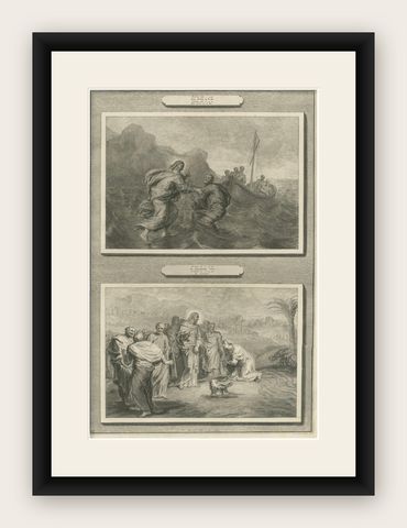 Antique Biblical Engravings, Christ Walking on Water & Canaanite Woman, 1700, shown framed