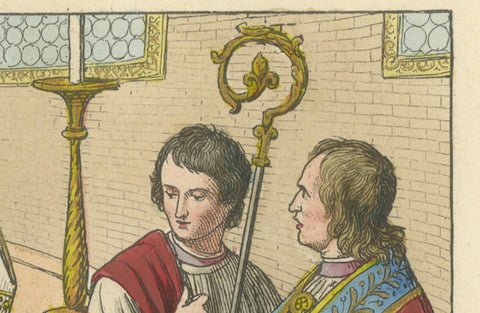 Antique Hand-Colored 1845 Engraving of Medieval Church Ceremony, France, close-up 4