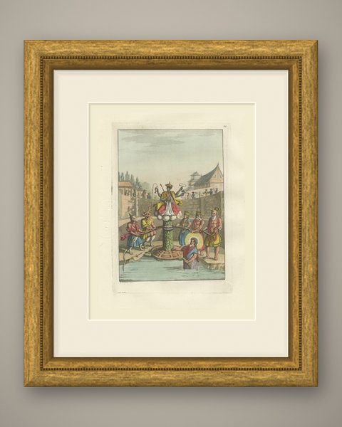 Original Antique Hindu Mythology, Churning of the Ocean, Ferrario, 1815, shown framed