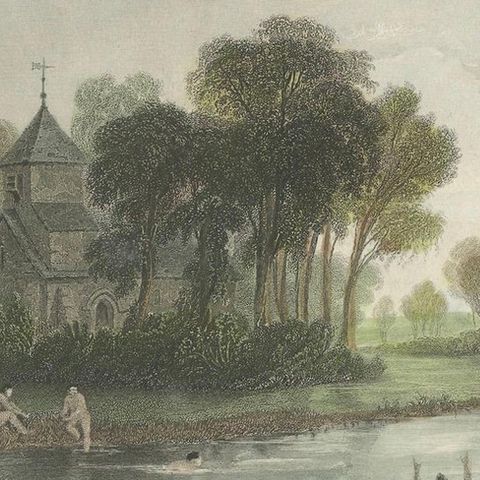 Hand-colored Engraving of Dorney Church in Buckinghamshire, England, 1835, close-up 5