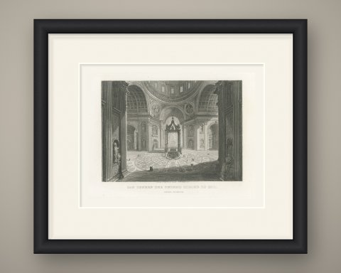 Interior of Saint Peter's, Rome, Antique View from Payne's Universum, circa 1850, shown framed
