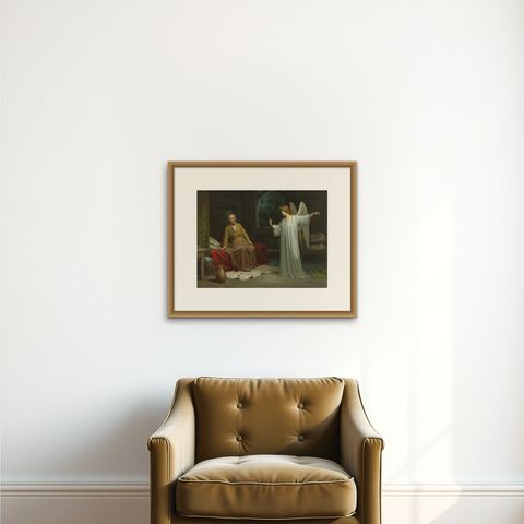 Saint Joseph Visited by an Angel, Antique German Chromolithograph c.1900, shown framed on a wall, true to size