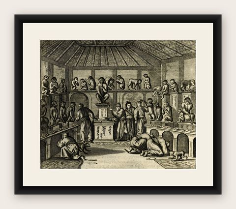 Antique Engraving with a Description of the Monkey Temple in Japan, 1669, shown framed