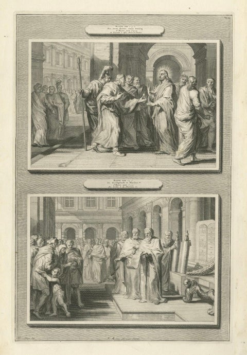 Antique Biblical Engravings, Tribute to Caesar & Reading of the Law, ca.1700, close-up 5