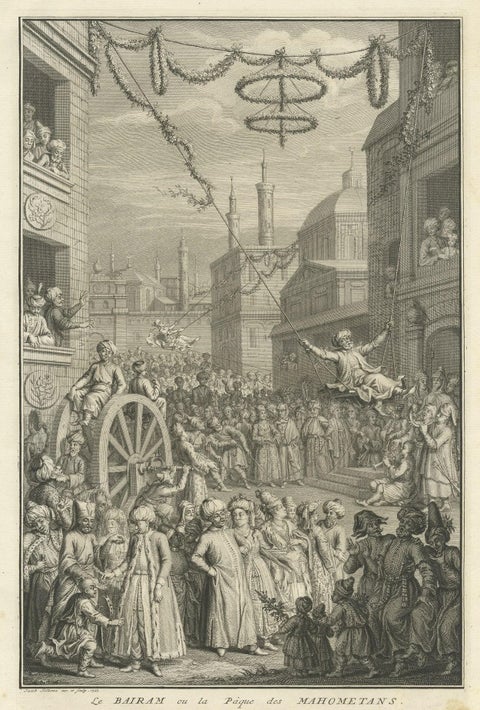 Old Engraving of the Bairam Celebration, the Easter of the Muslims, 1737, close-up 1