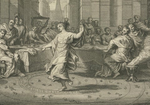 Antique Religious Engravings, Dance of Salome & John the Baptist Beheaded, 1700, close-up 1