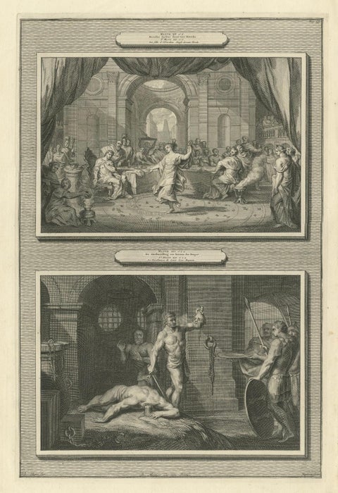 Antique Religious Engravings, Dance of Salome & John the Baptist Beheaded, 1700, close-up 6