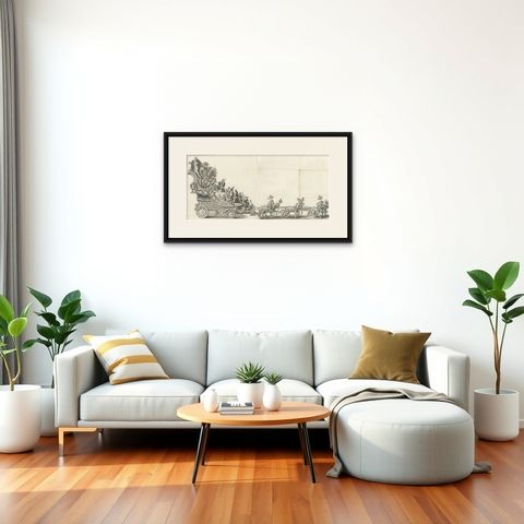 Remarkable Antique Print of a Horse Drawn Float with Religious Figures, 1775, shown framed in a room, true to size