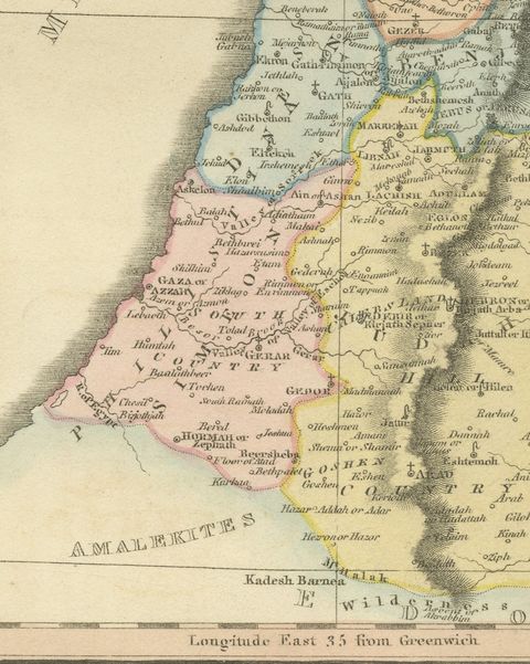 Canaan Divided into the Twelve Tribes, Antique Hand-Colored Map, 1823, close-up 3
