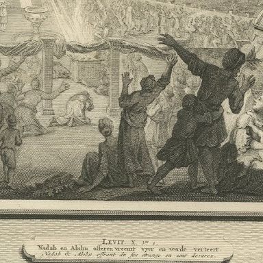 Fire Consumes Aaron's Offering and Death of Nadab and Abihu, Mortier circa 1700, close-up 2