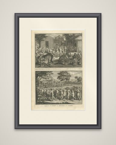 Antique Print of Funeral Ceremonies of the Canadian People by B. Picart, 1723, shown framed