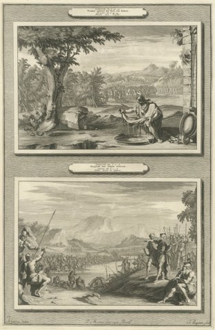 Gideon's Fleece and Gideon Chooses His Soldiers, Mortier Bible circa 1700