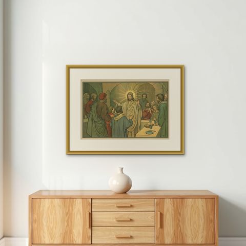 Antique Religion Print of the Seven Sacraments, Penance '1913', shown framed on a wall, true to size