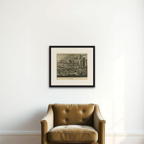 Antique Bible Print Joseph Selling Grain to His Brothers by J. Luyken, 1743, shown framed on a wall, true to size
