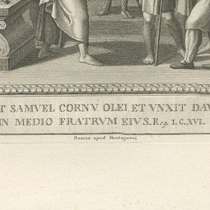 Old Religion Engraving of the Consecration of David and of David and Goliath, close-up 3