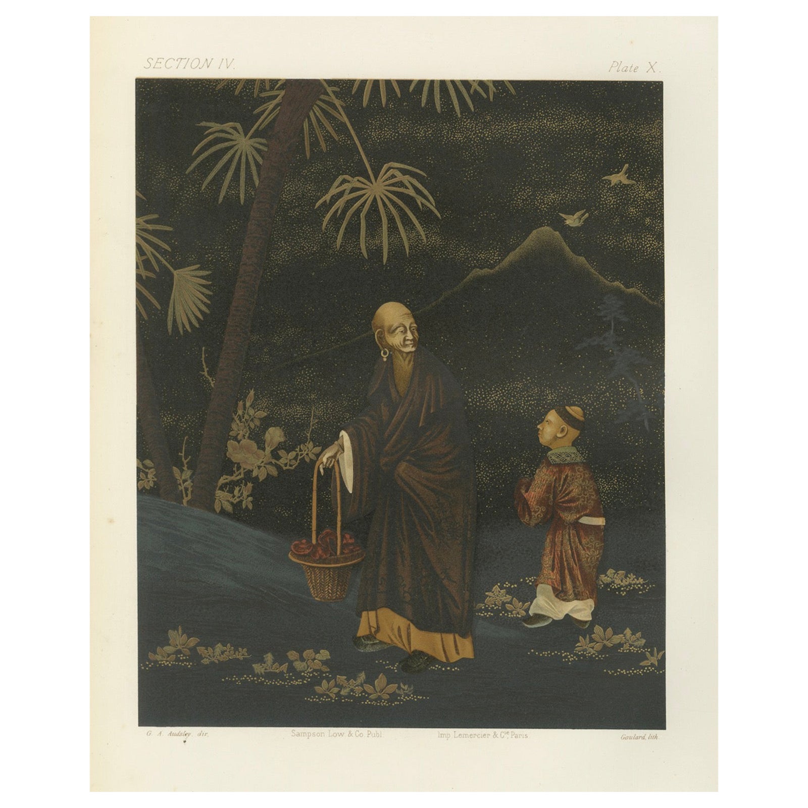 Japanese Monk and Young Attendant: Antique Lithograph, 1880s