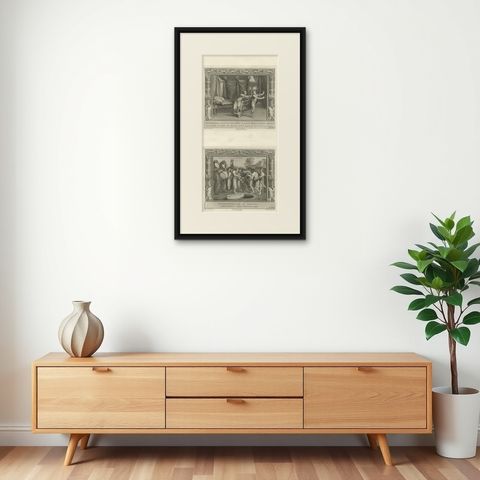 Old Religion Print of Joseph & Potiphar's Wife & Him Being Sold by His Brothers, shown framed on a wall, true to size