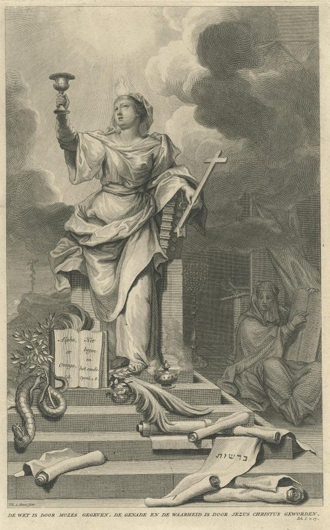 Antique Religious Print 'The Law is Given by Moses' by A. Calmet, 'circa 1725', view 2