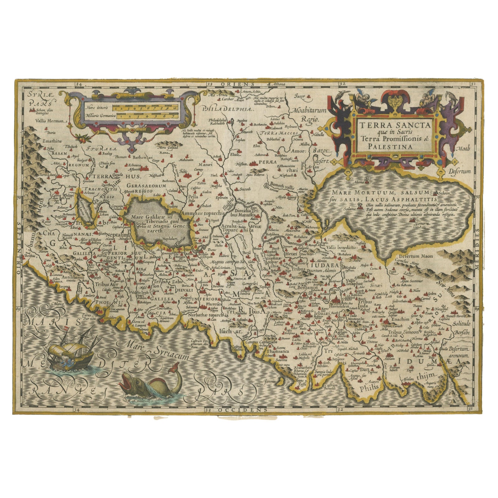 Holy Land Map, Terra Sancta Palestina, Hondius, Hand-Colored Engraving c.1620