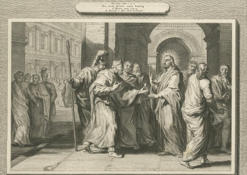 Antique Biblical Engravings, Tribute to Caesar & Reading of the Law, ca.1700, close-up 4