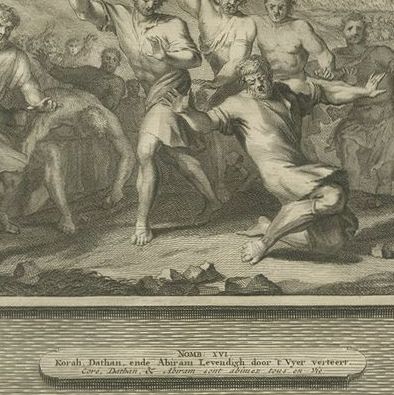 Sabbath Breaker Stoned and Korah, Dathan and Abiram, Mortier circa 1700, close-up 2