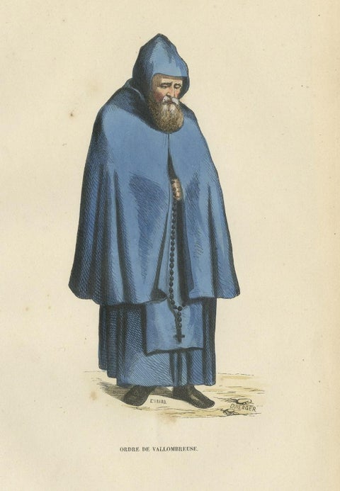 Old Print of a Vallombrosian, a Monastic Religious Order in the Catholic Church, close-up 1
