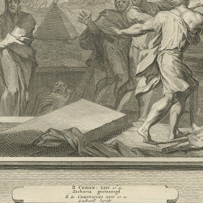 Dead Man Revived by Elisha's Bones and Zechariah Stoned, Mortier, circa 1700, close-up 2