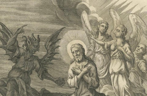 Biblical Engravings, Christ Crowned, Crucified & Tempted in the Wilderness 1735, close-up 2