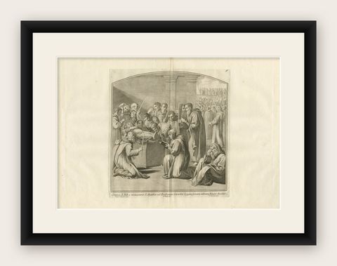 Antique Print of the Corpse of Saint Nilus by Pazzi, 1762, shown framed