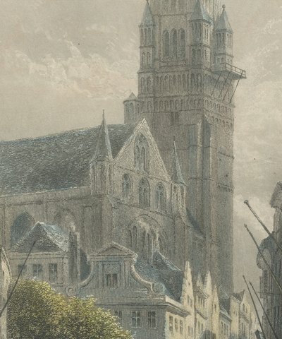 The Cathedral, Bruges, Hand Colored Steel Engraving after E. George, circa 1878, close-up 3
