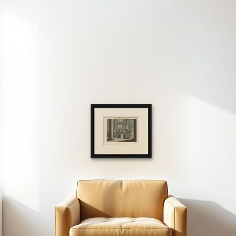Mid-18th Century Engraving Depicting The Baptism of Russians, 1735, shown framed on a wall, true to size