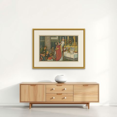 Antique Religion Print of the Seven Sacraments, Eucharist, 1913, shown framed on a wall, true to size