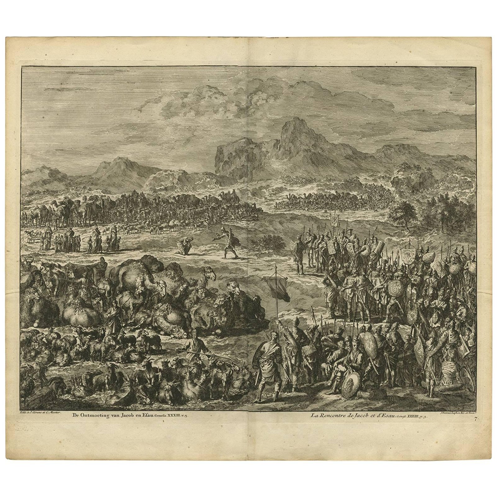 Antique Bible Print the Meeting of Jacob and Esau by J. Luyken, 1743