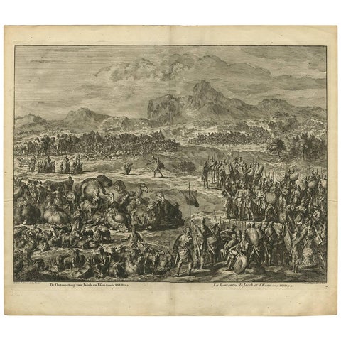 Antique Bible Print the Meeting of Jacob and Esau by J. Luyken, 1743