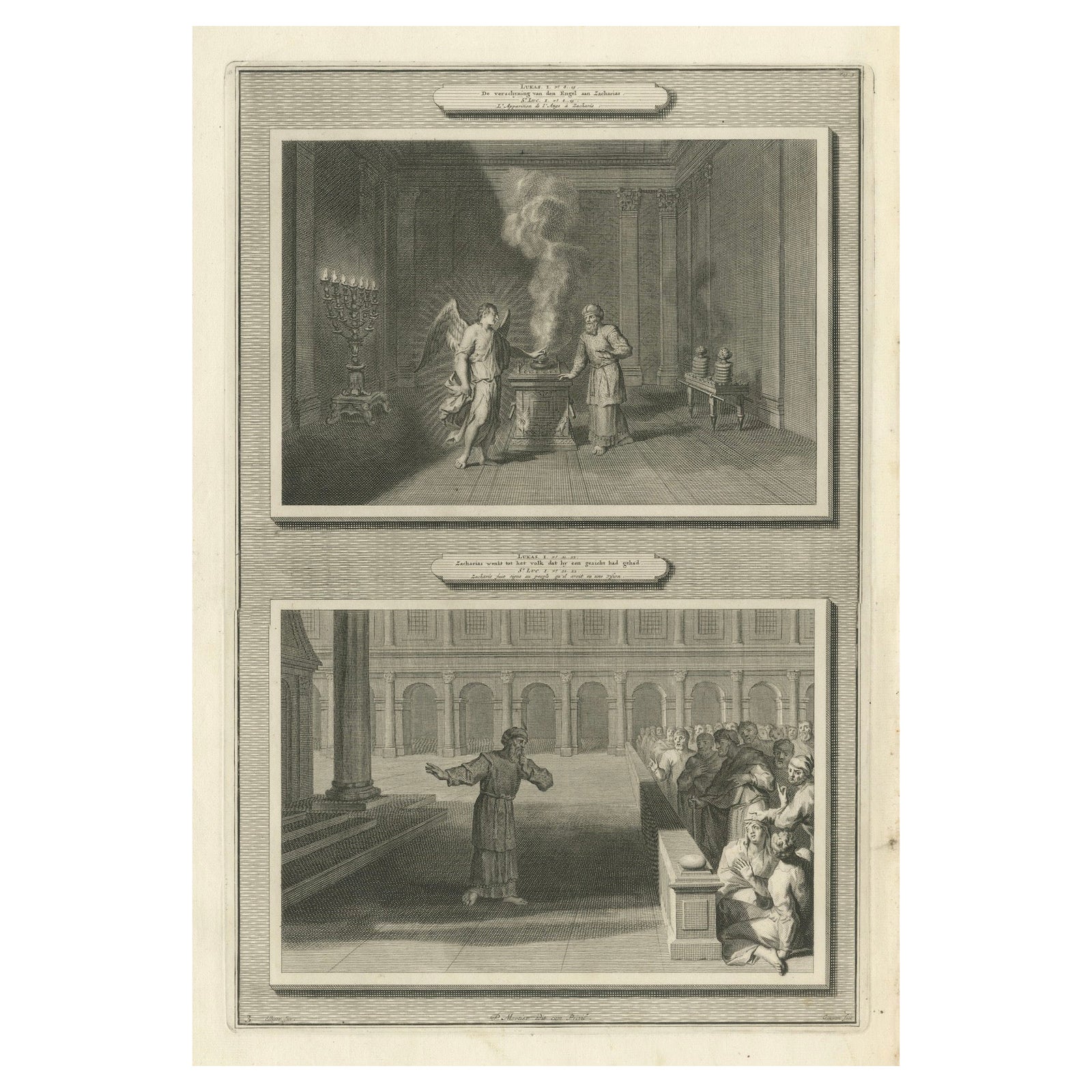 Angel Appears to Zechariah & Zechariah Struck Mute, Pieter Mortier, ca. 1700