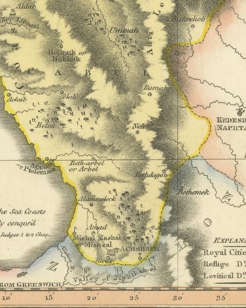 Hand-Colored Antique Map of the Tribe of Asher, Wyld, 1823, close-up 2