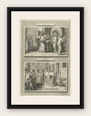 Antique Biblical Engravings, Tribute to Caesar & Reading of the Law, ca.1700, shown framed