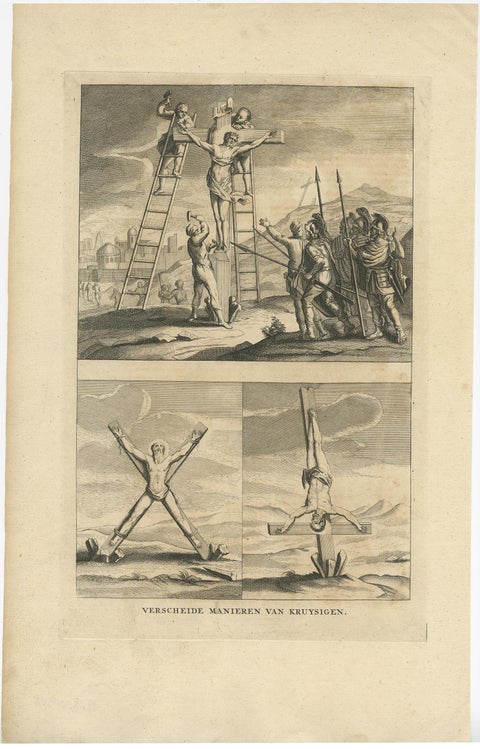 Religious Antique Engraving of the Various Ways of Crucifixion, 1731, view 2