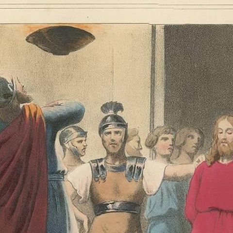 Antique Religious Print 'No. 29' Jesus before Caiaphas, circa 1840, close-up 1