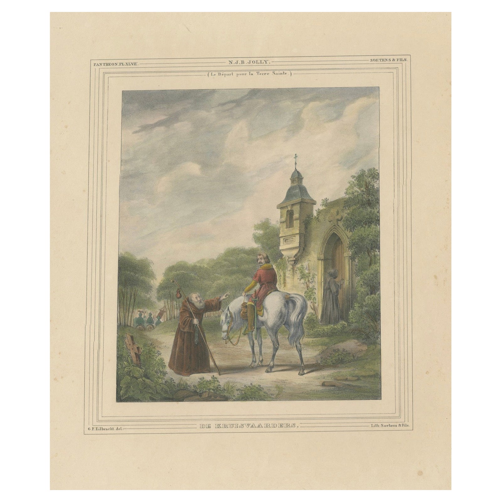 1835 Hand-Colored Lithograph: The Crusaders’ Departure for the Holy Land