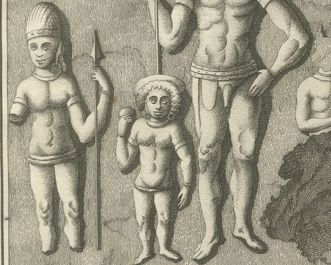 Elephanta Cave Sculptures at Stations 13 and 14, Antique Print, 1780, close-up 2