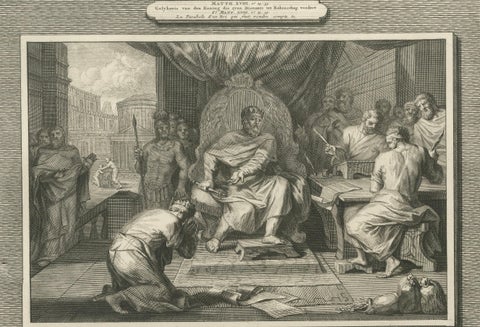 Biblical Engravings, The Unforgiving Servant & Christ Blessing Children, c.1700, close-up 2