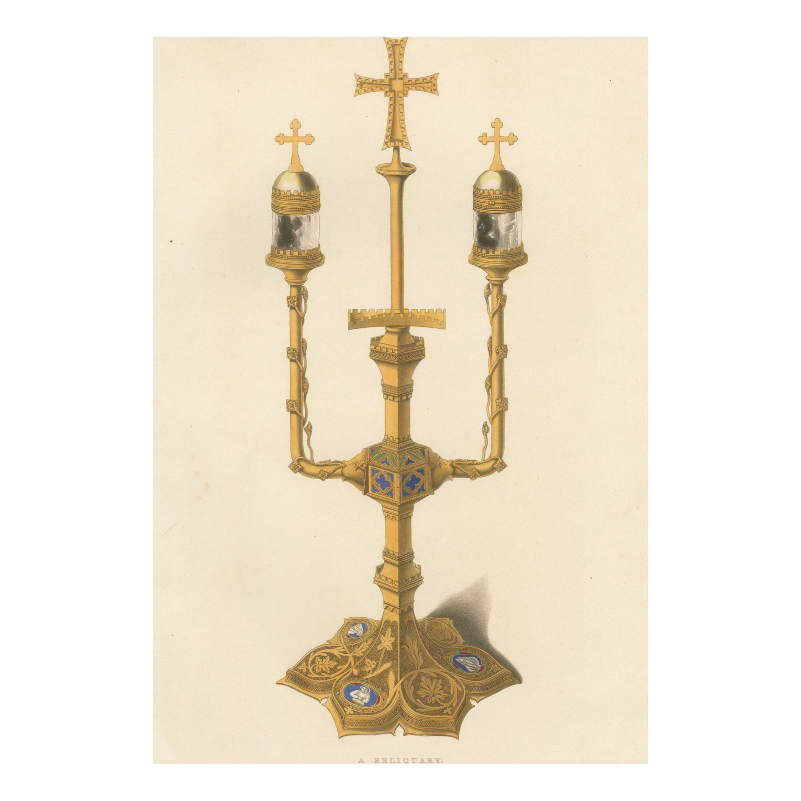 Medieval Reliquary, Gothic Church Treasure, Hand-Colored Engraving, ca.1850