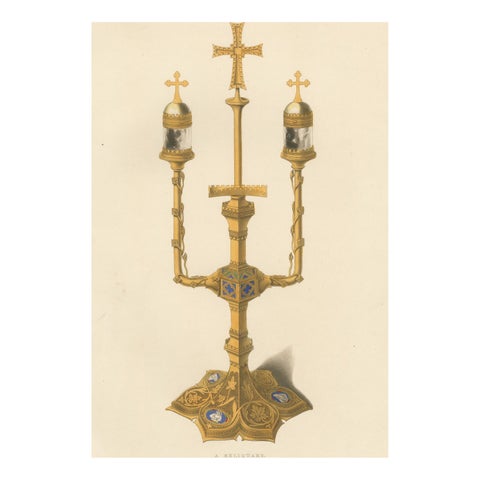 Medieval Reliquary, Gothic Church Treasure, Hand-Colored Engraving, ca.1850