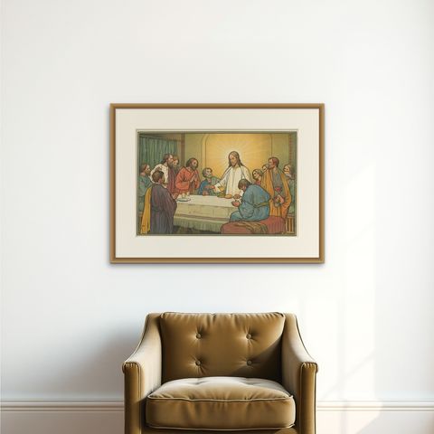 Antique Religion Print of the Last Supper, '1913', shown framed on a wall, true to size