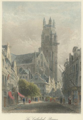 The Cathedral, Bruges, Hand Colored Steel Engraving after E. George, circa 1878