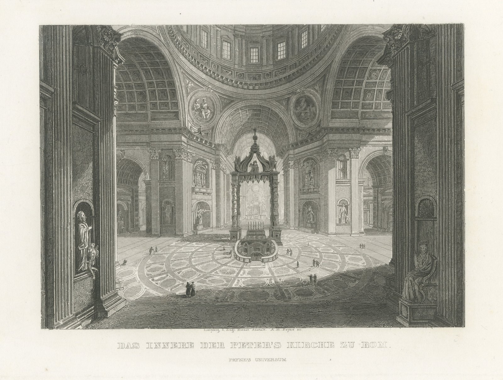 Interior of Saint Peter's, Rome, Antique View from Payne's Universum, circa 1850